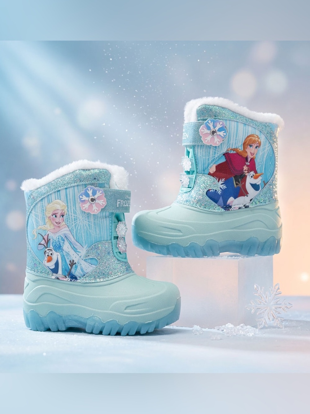 DISNEY Girl's Frozen Blue Glittery Waterproof Light Up Winter Boots Size 7